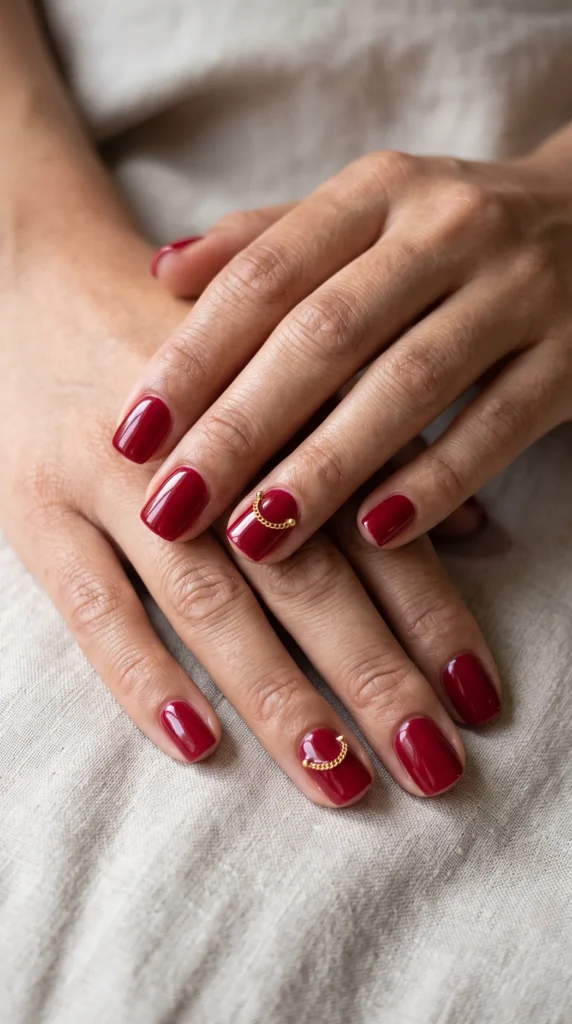 A person with red nails and a gold ring.