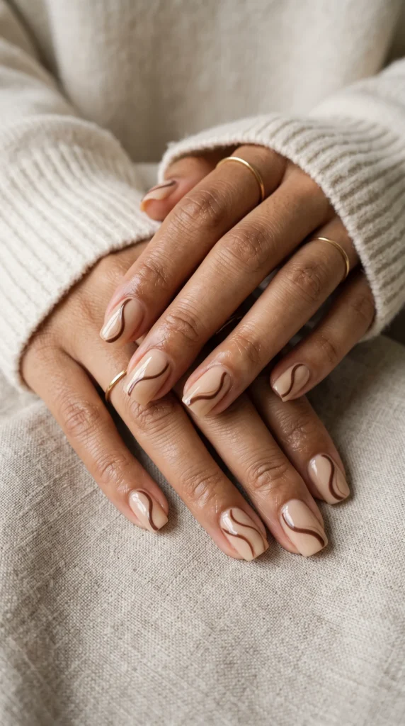 A woman with a gold ring on her finger is wearing a white sweater and has painted her nails with a white and brown polish.