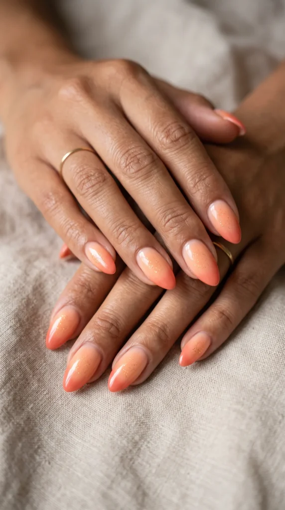 A person's hand with a ring on the finger and a pink nail polish.