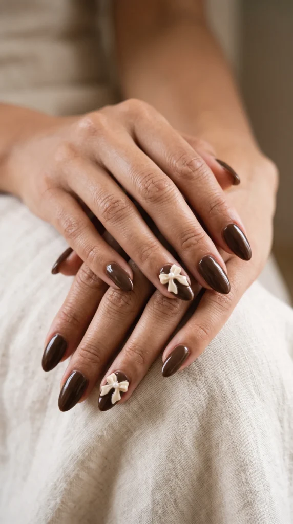 A woman with brown nails and a bow on her nails.