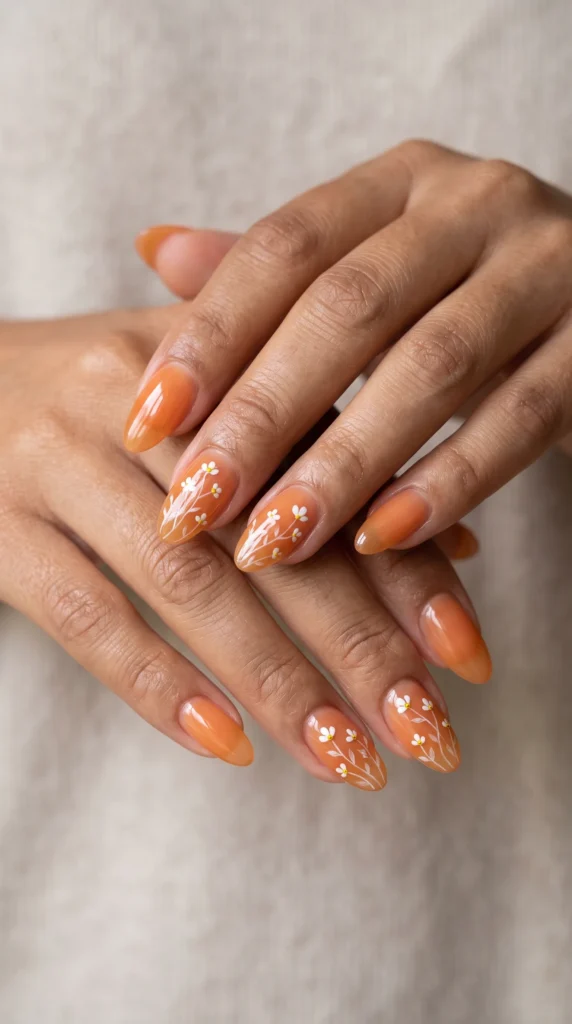 A person with orange nail polish and white flowers on their nails.