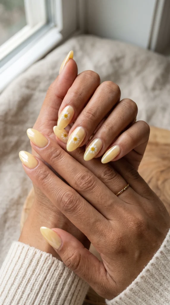 A woman with yellow nails and a ring on her finger.