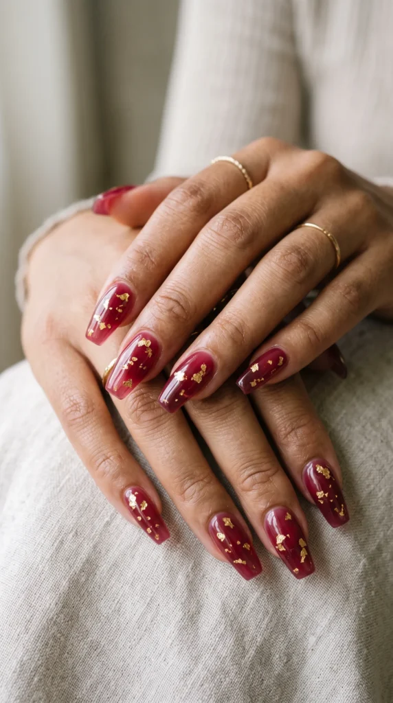 A woman with red nail polish and gold stars on her fingernails.