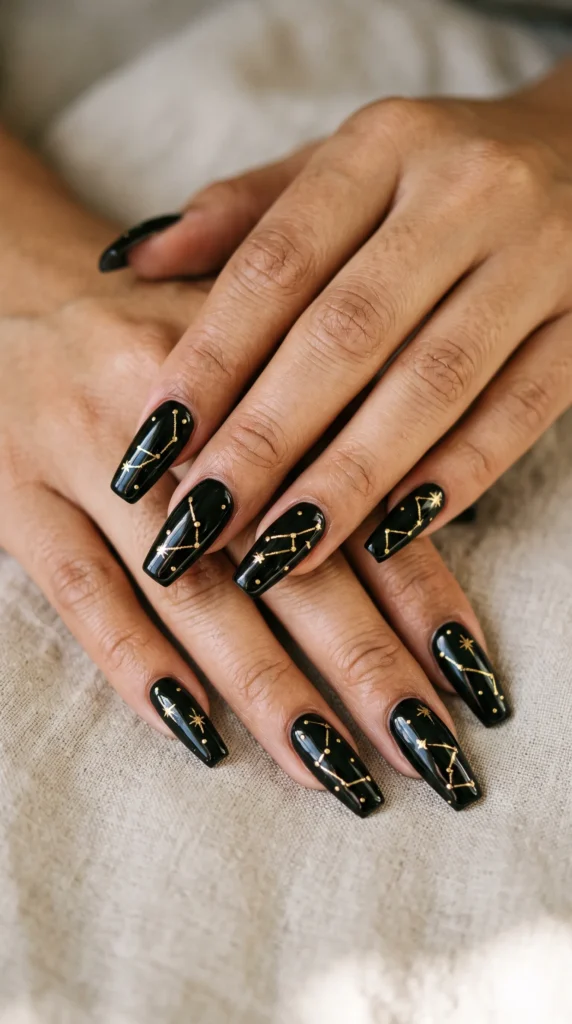 A woman with black nail polish and stars on her nails.