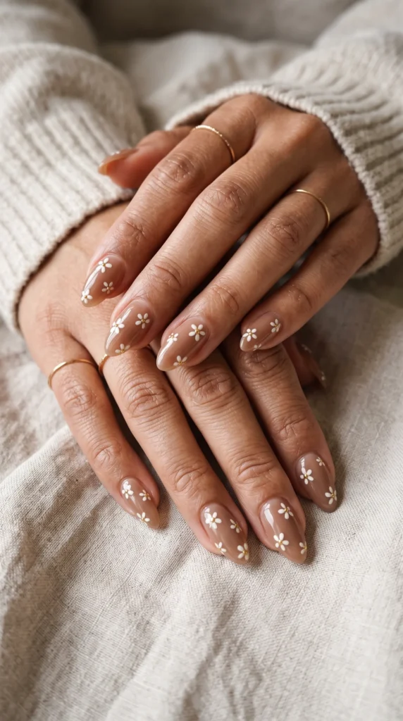 A person with a flower painted on their nails.