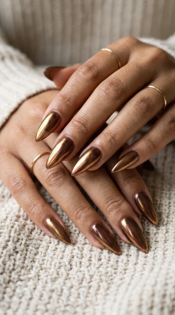 A woman with red nails and a gold ring on her finger.