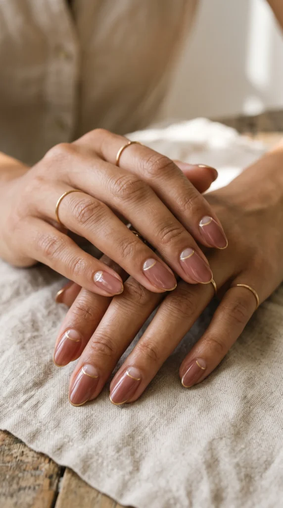 A woman with a gold ring on her finger is holding her hands together.
