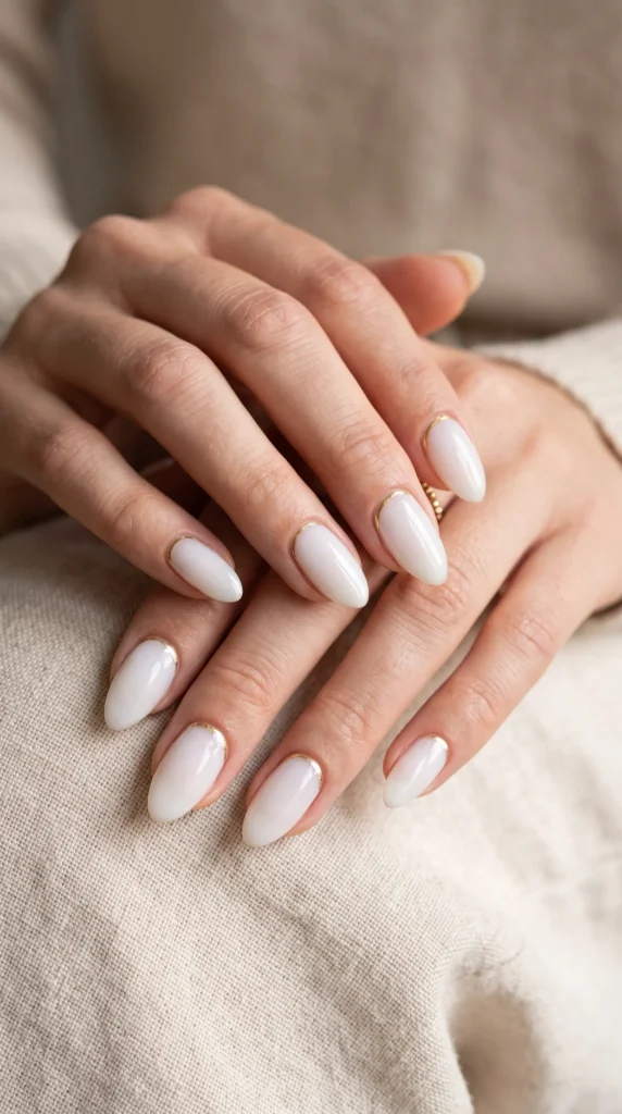 A woman with white nail polish on her fingers.