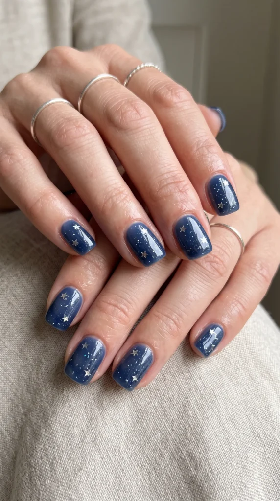 A person with blue nail polish and stars painted on their nails.