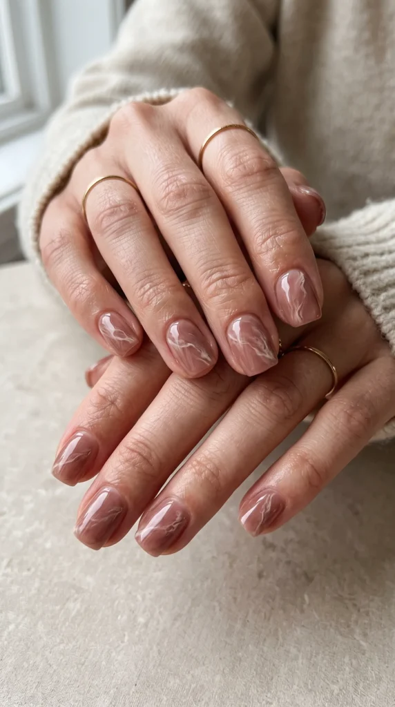 A woman with a gold ring on her finger is wearing nail polish.