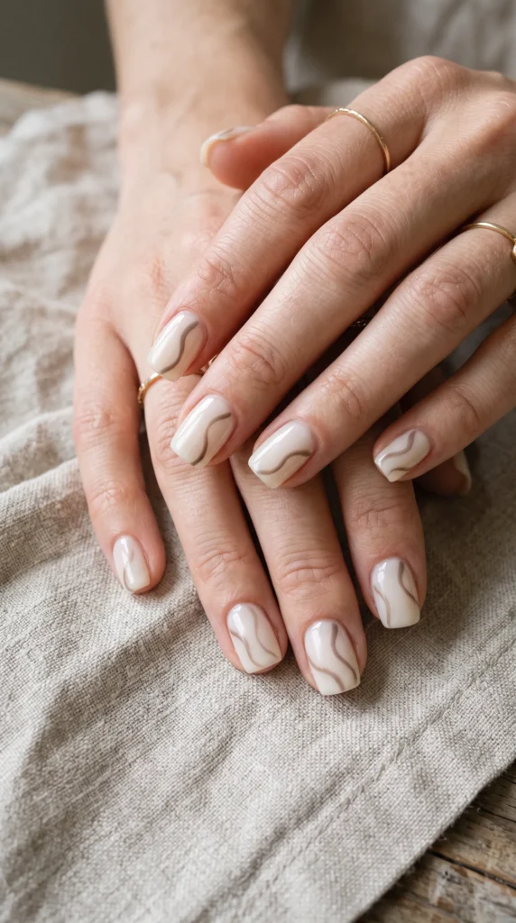 A person's hand with a ring on the finger and a white and black painted nail.