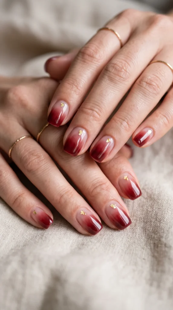 A person's hand with red nail polish and gold stars.