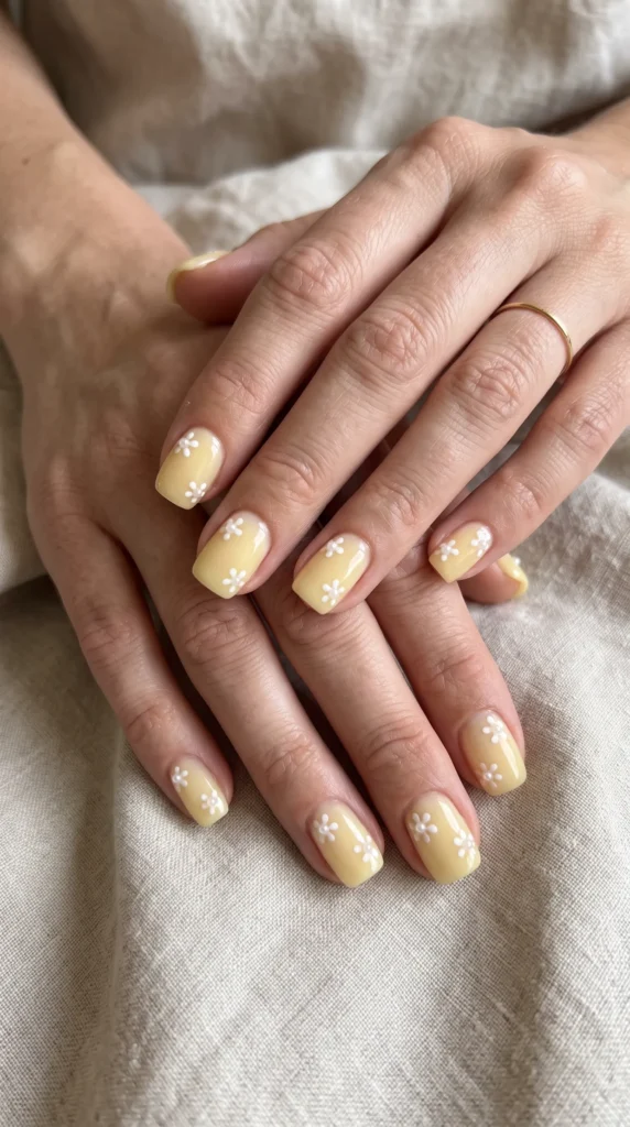 A person with yellow nails and white flowers on them.