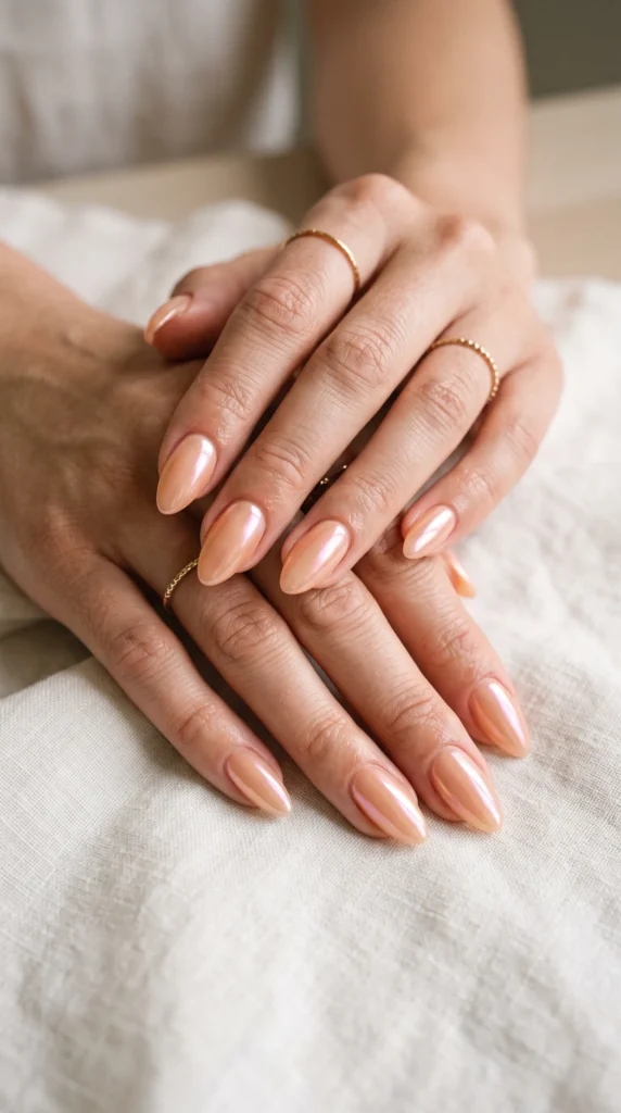 A person's hands with pink nails.