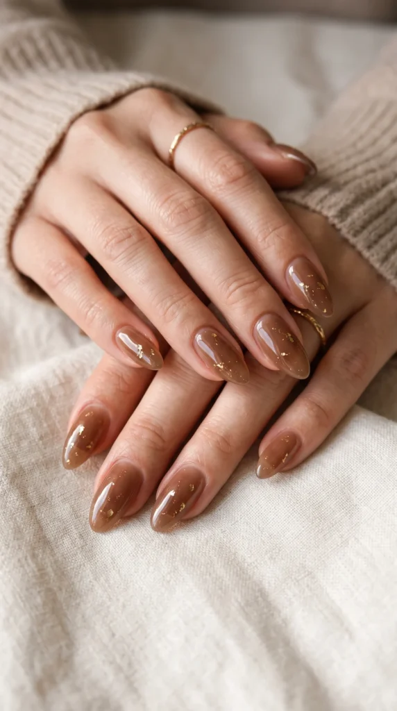 A woman with brown nails and gold accents.