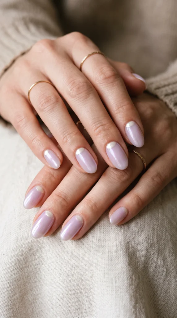 A woman with a ring on her finger has purple nail polish on her fingernails.