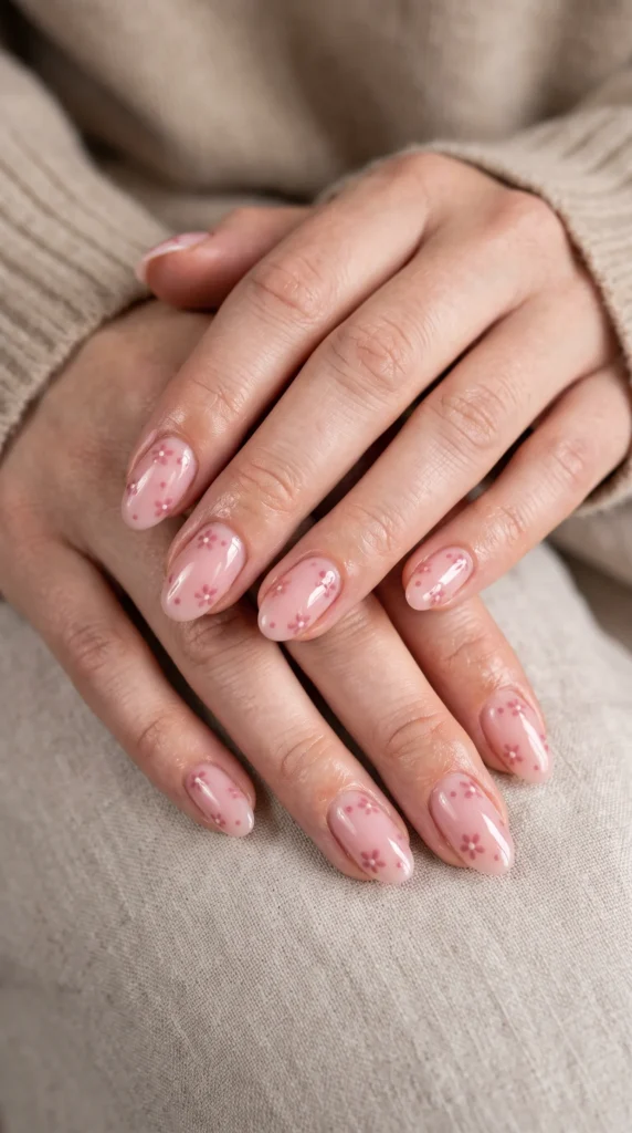 A person with pink nail polish and a white sweater.