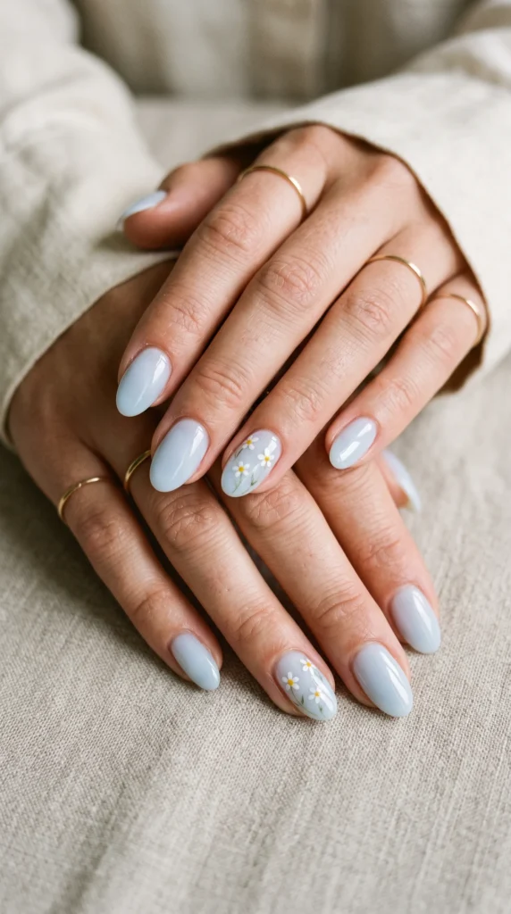 A person with blue nails and a gold ring on their finger.