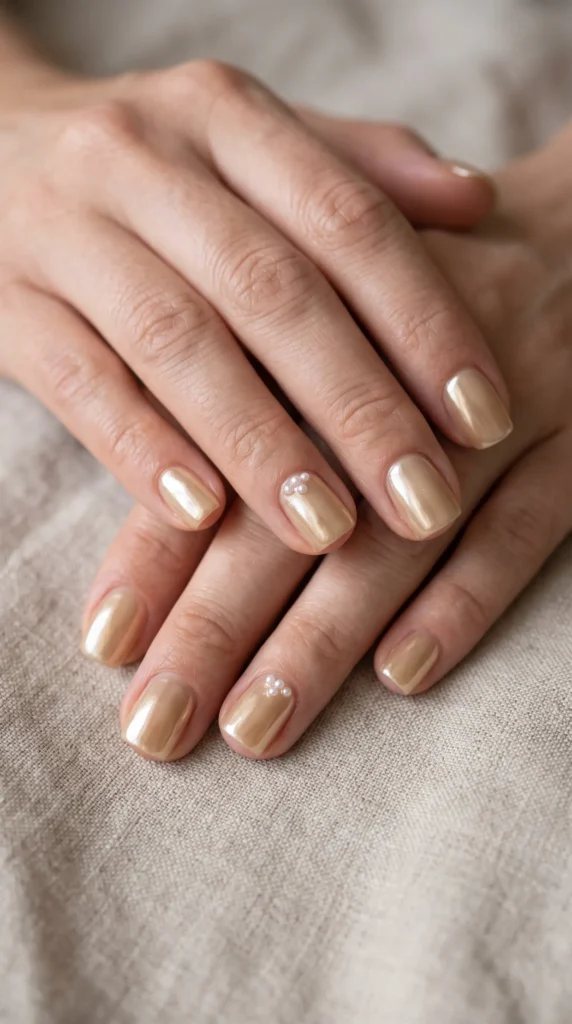 A person's hand with a gold nail polish on the middle finger.