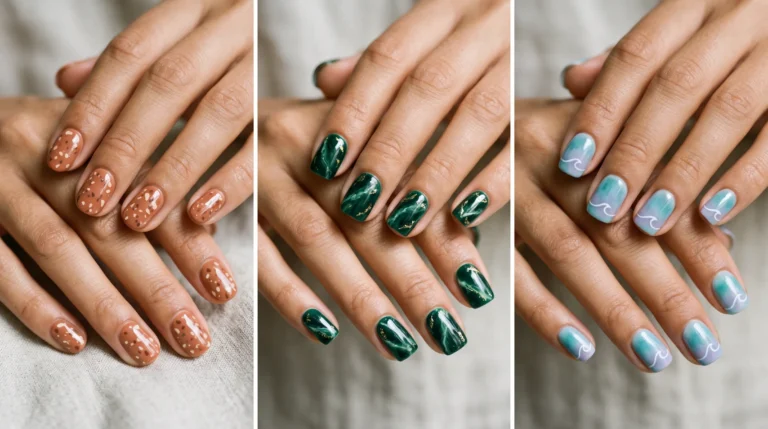 Three pictures of a person's hands with different colored nail polish.
