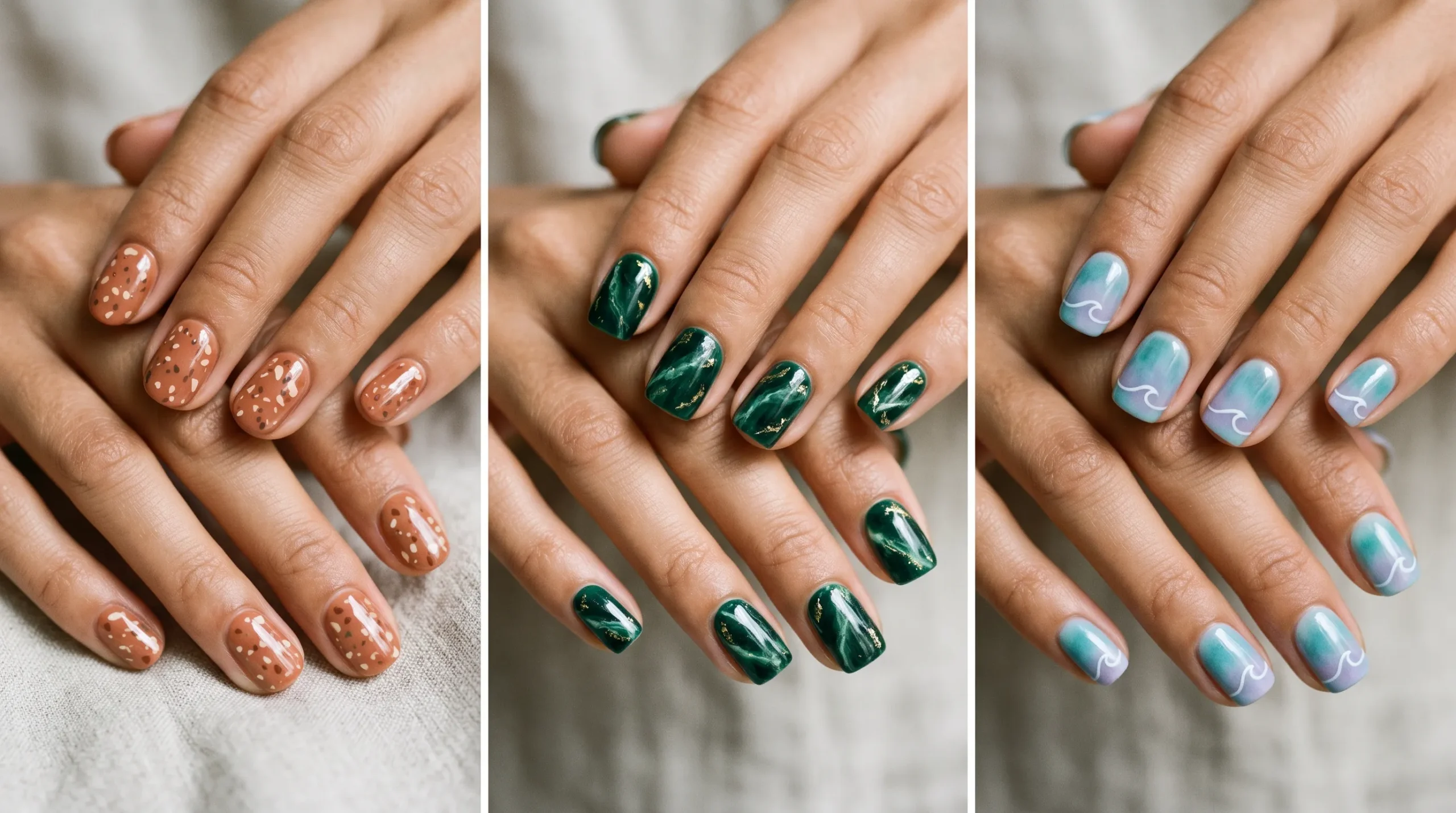 Three pictures of a person's hands with different colored nail polish.