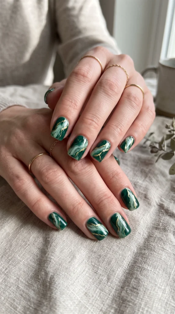 A woman with green nail polish and a gold ring on her finger.