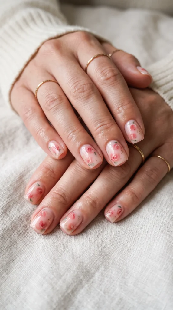 A person with a gold ring on their finger has painted their nails with a pink and white flower design.