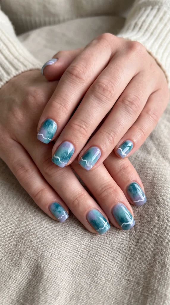 A person's hand with blue and purple nail polish.