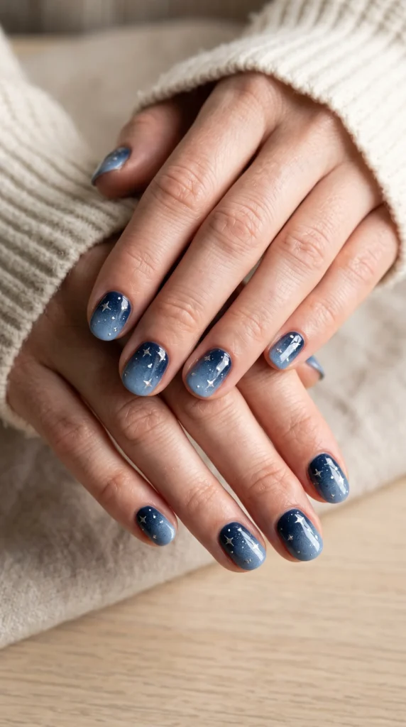 A person with blue nail polish and stars on their nails.