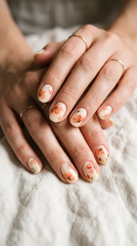 A person with painted nails and a gold ring.