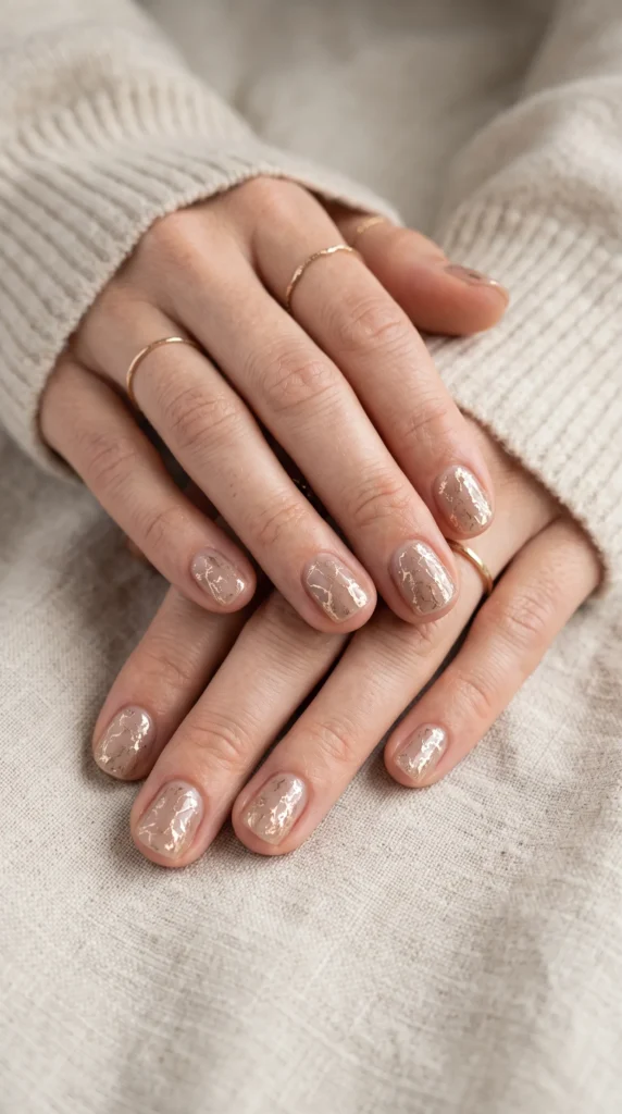 A woman with gold nail polish on her fingernails.