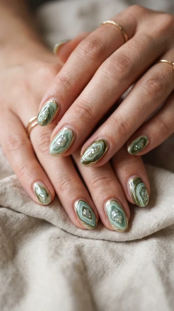 A person's hand with green and gold nail polish.
