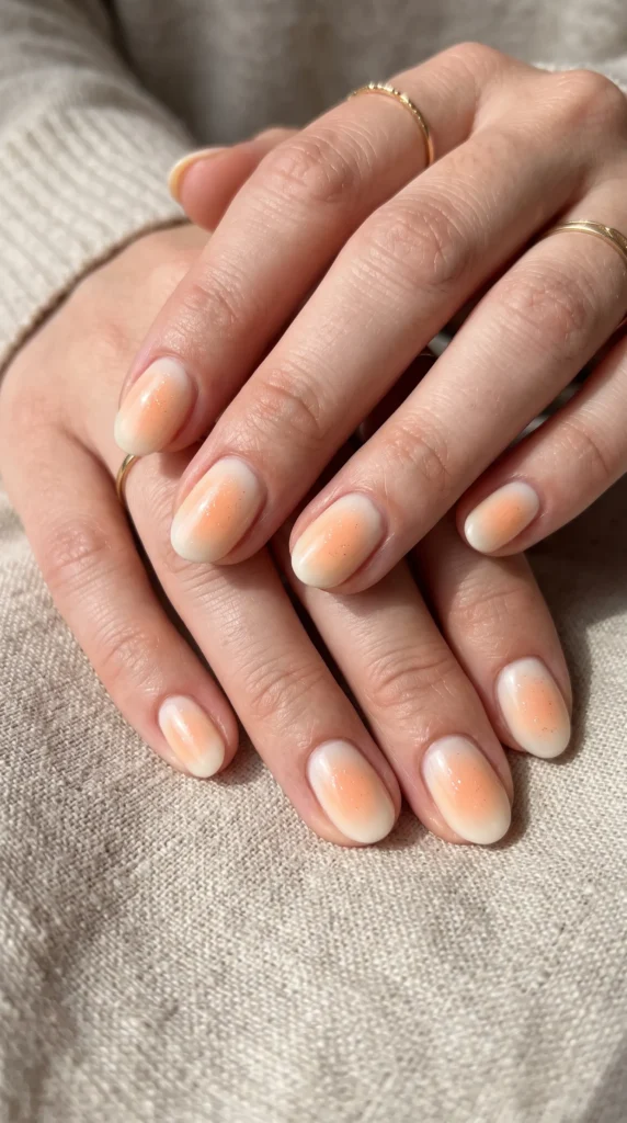 A person's hand with orange nail polish.