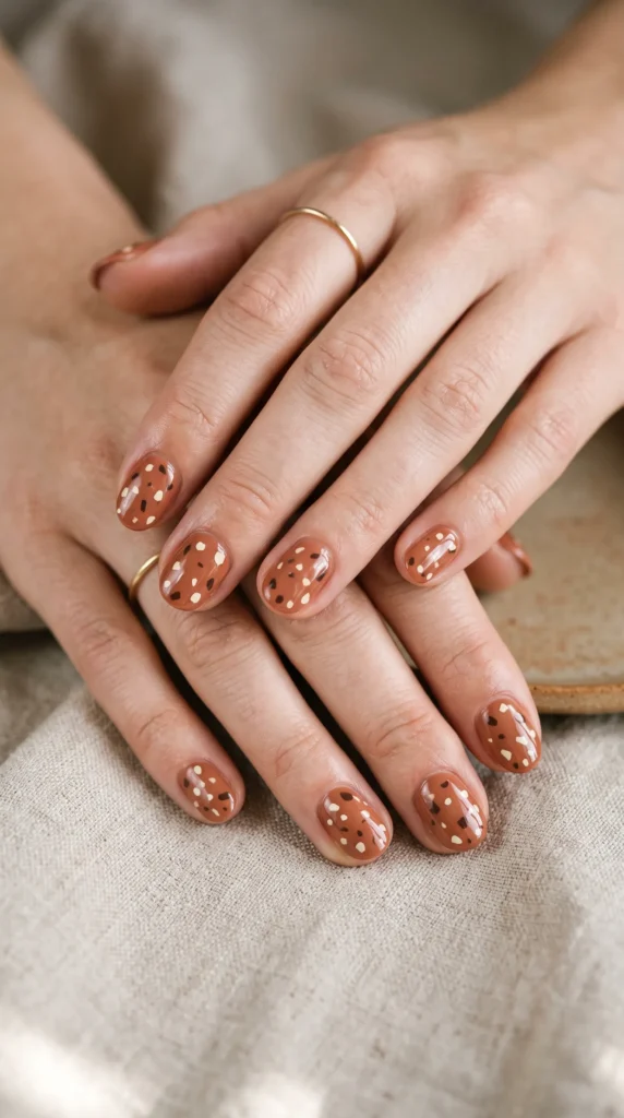 A woman with a ring on her finger has painted her nails with polka dots.