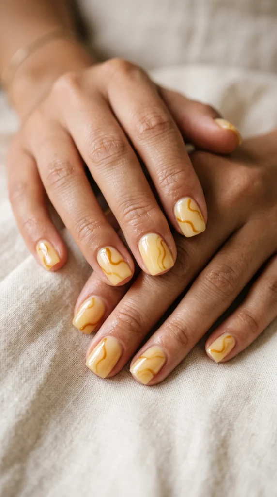 A person's hand with yellow and orange nail polish.