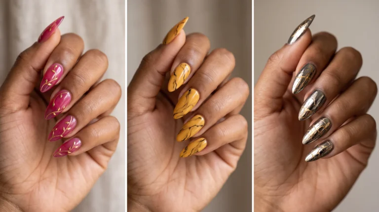 A woman with yellow nail polish on her fingers.