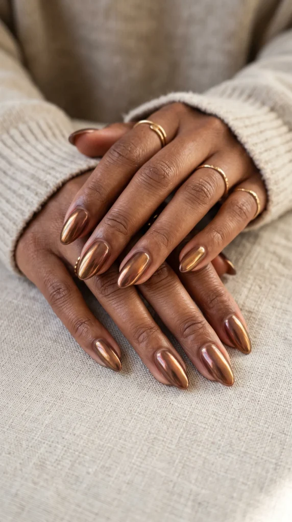 A woman with brown nails and a gold ring on her finger.