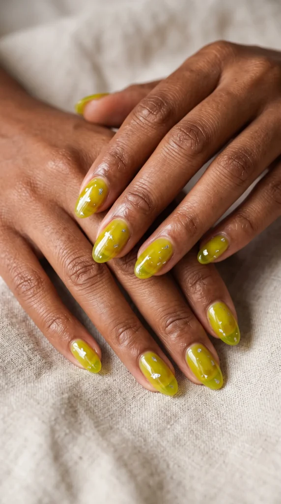 A person with yellow nail polish on their fingernails.