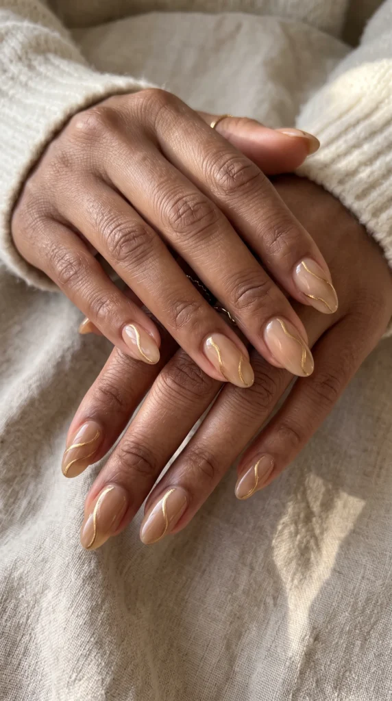 A woman with gold nail polish on her fingernails.