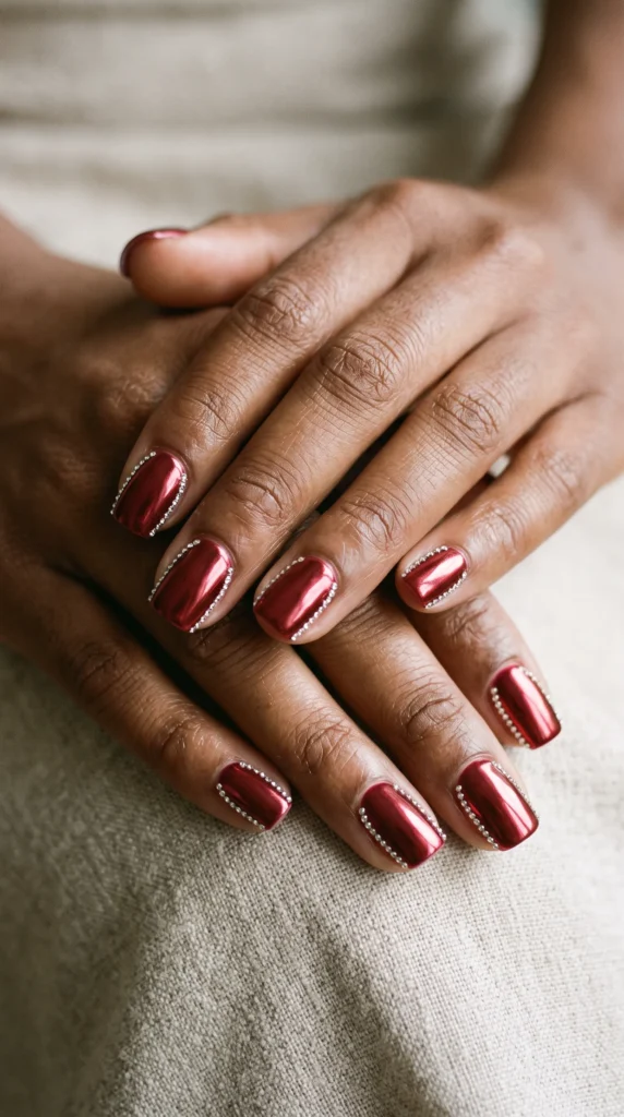 A person with red nails and a white cloth.