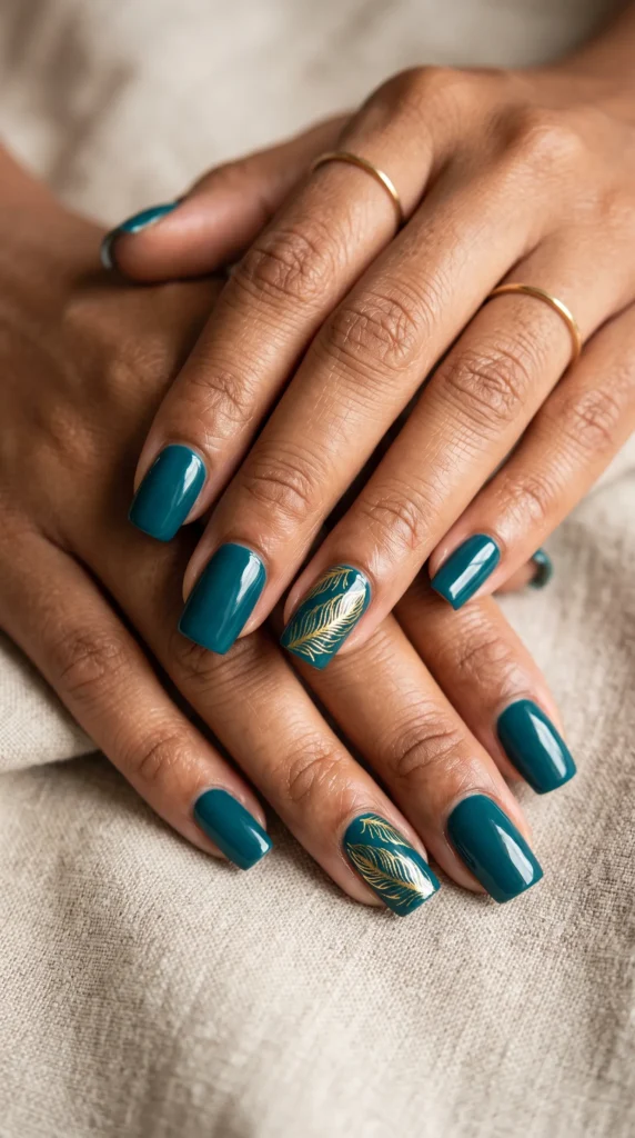 A person's hand with blue nail polish and a gold leaf design.