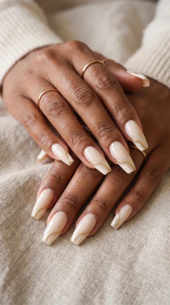 A woman with a gold ring on her finger has her hands on her lap.