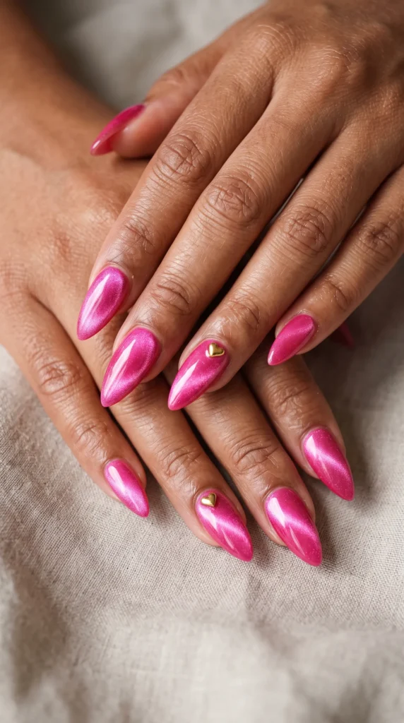 A person's hand with pink nails and a gold nail.