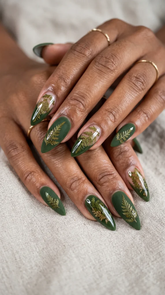 A woman with green nail polish and a leaf design on her nails.