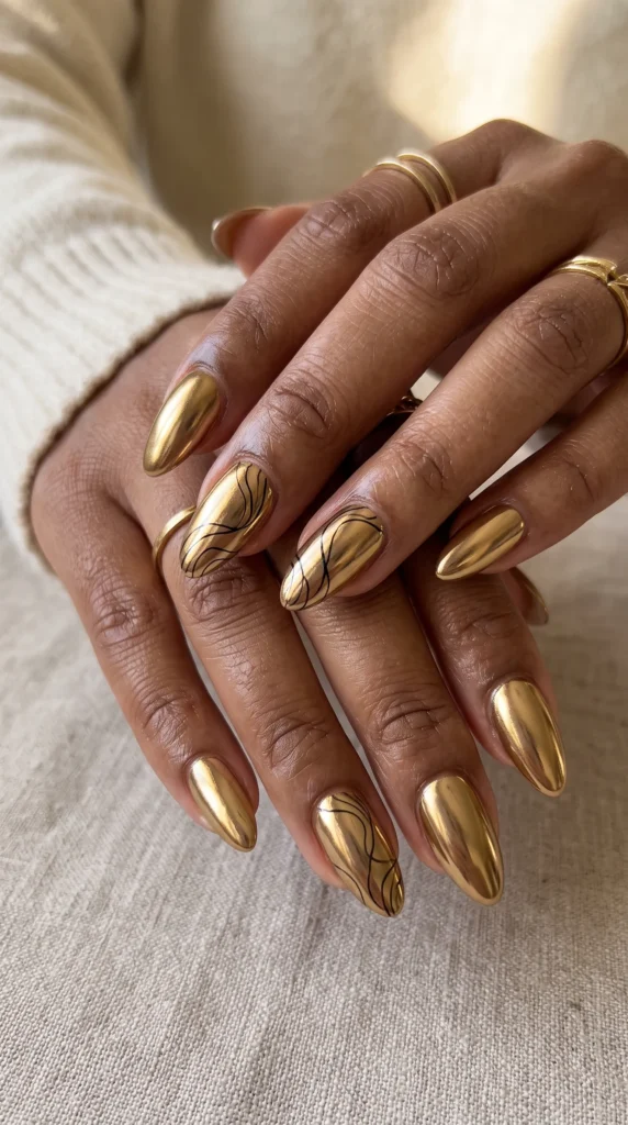 A woman with gold nail polish on her fingers.