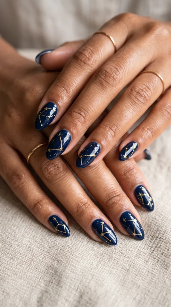 A woman with blue nail polish and gold stars on her nails.