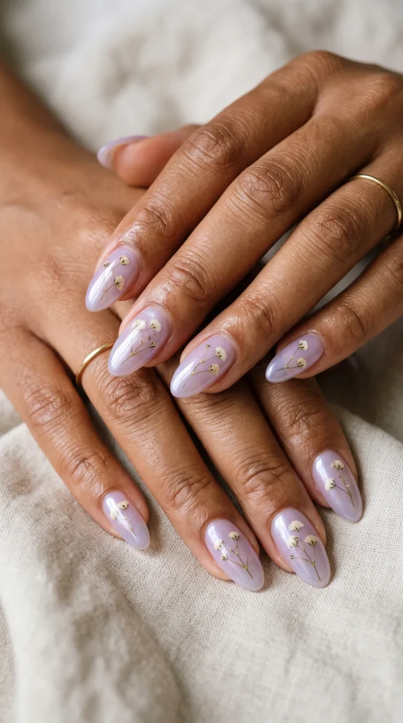 A person with purple nails and a ring on their finger.