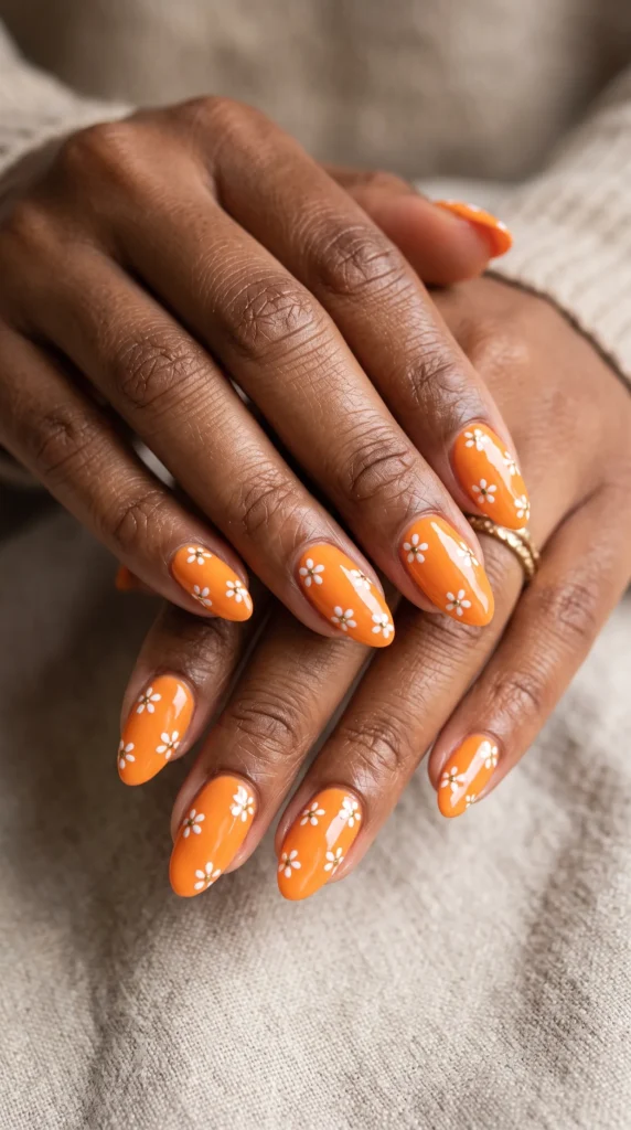A woman with orange nail polish and white flowers on her nails.