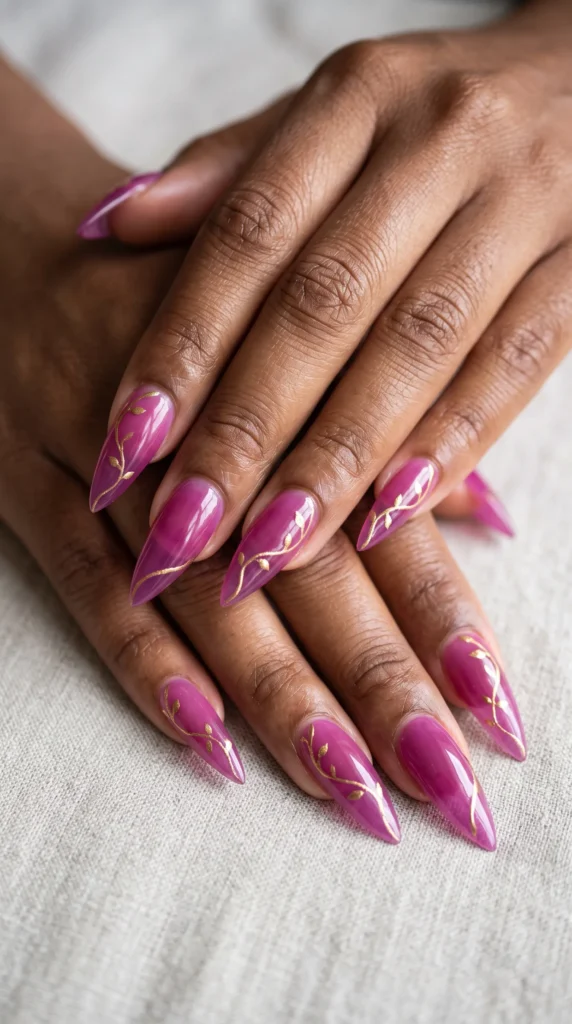 A person with purple nails and gold accents.